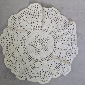 Vintage Cream Beige Crochet Lace Doily Round Cotton Table Linen 13"  1970s